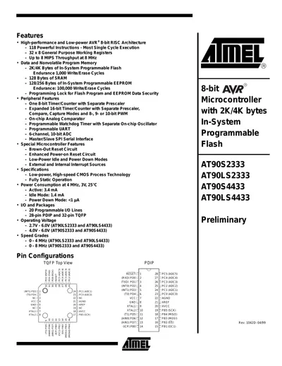 AT90S2333/4433 8-bit Microcontroller with 2K/4K bytes In-System Programmable Flash